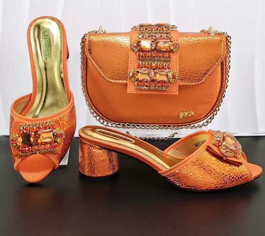 Italian Design  Orange Rhinestone Block Heel Slipper & Clutch Bag Set
