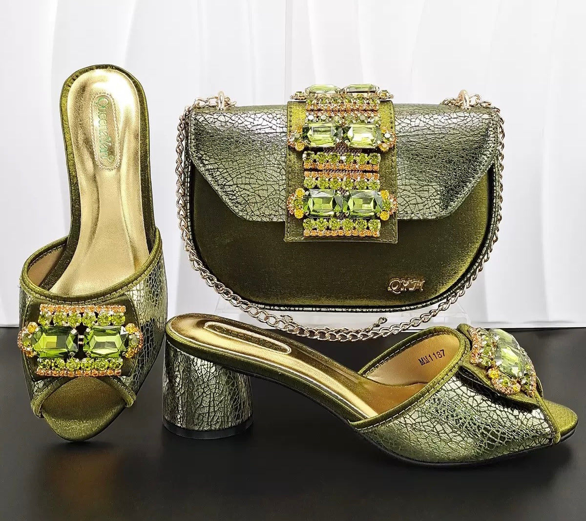 Italian Design  Orange Rhinestone Block Heel Slipper & Clutch Bag Set