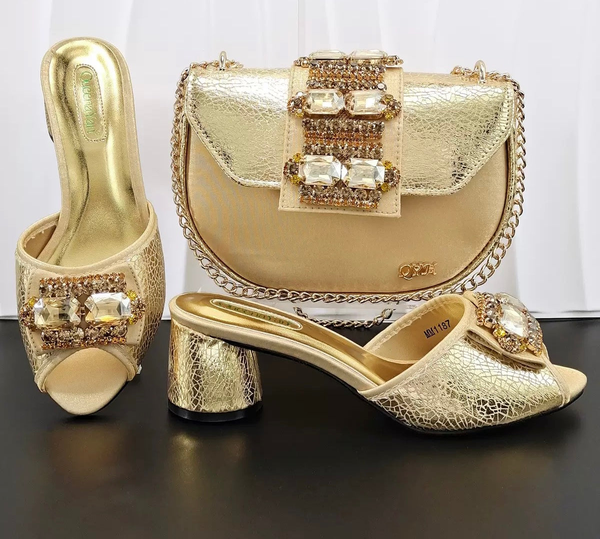 Italian Design  Orange Rhinestone Block Heel Slipper & Clutch Bag Set
