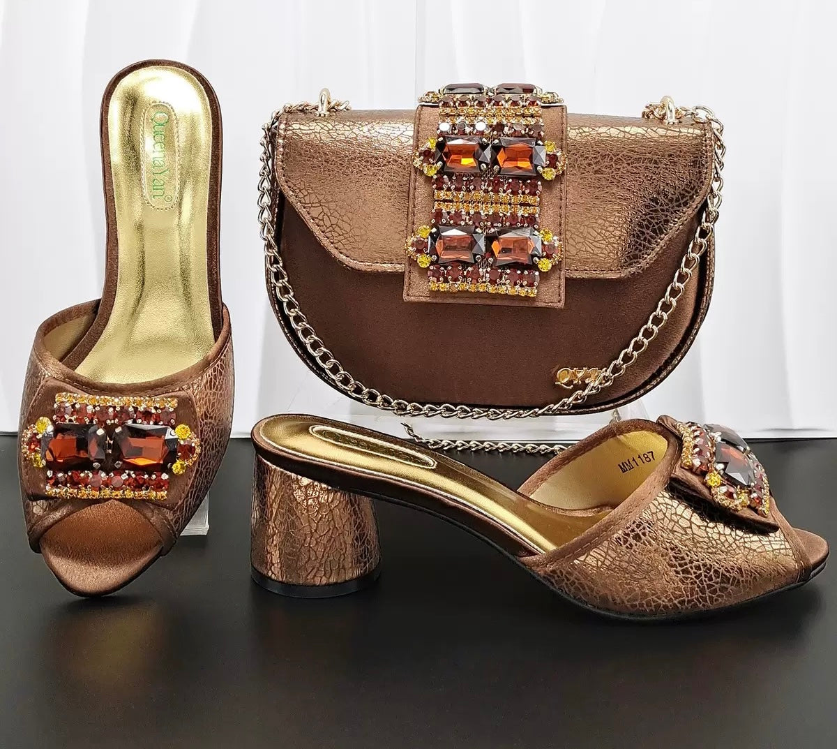 Italian Design  Orange Rhinestone Block Heel Slipper & Clutch Bag Set